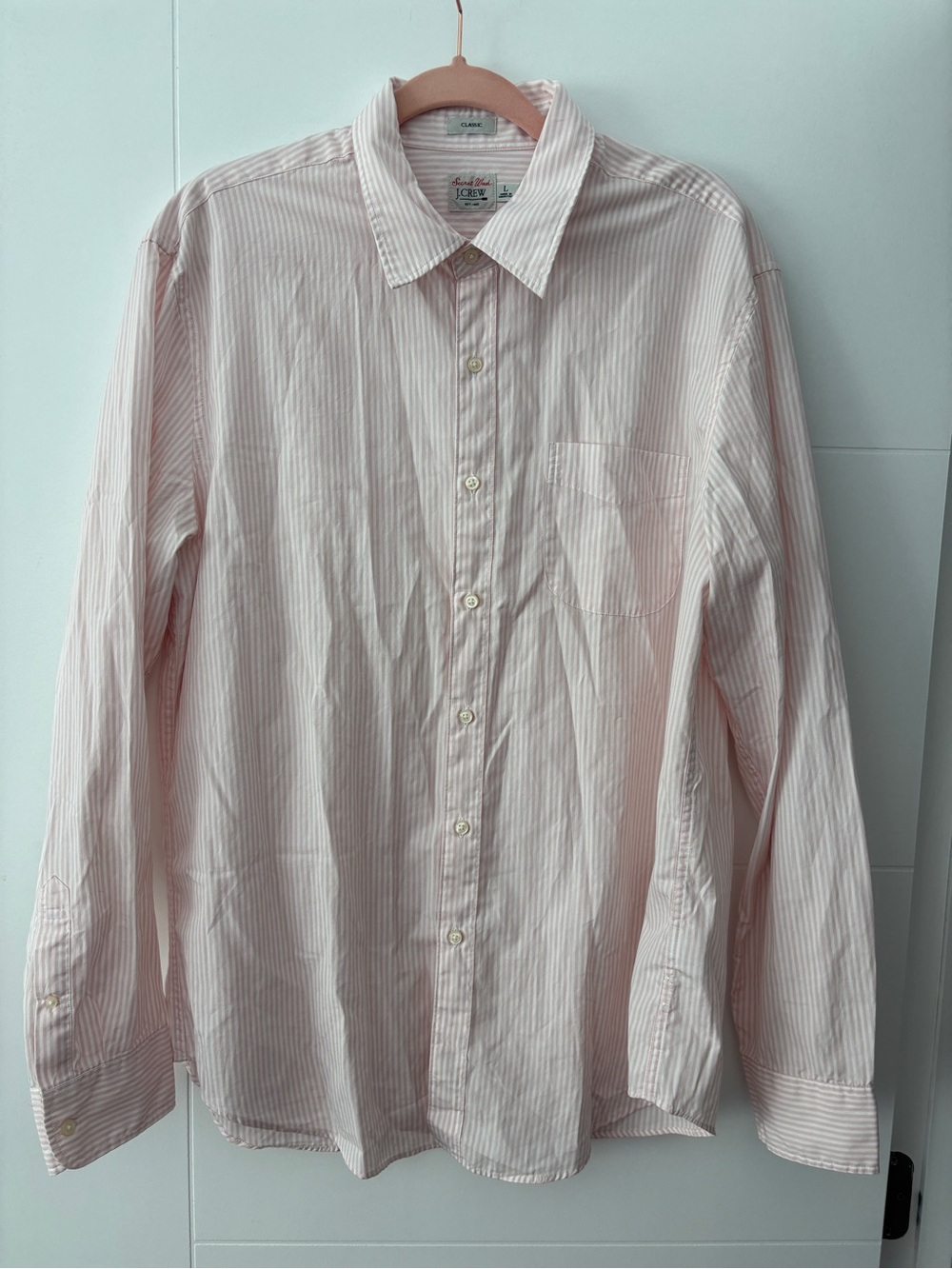 J.Crew Secret Wash “Classic” fit shirt, pink & white stripe, 100% cotton, size L
